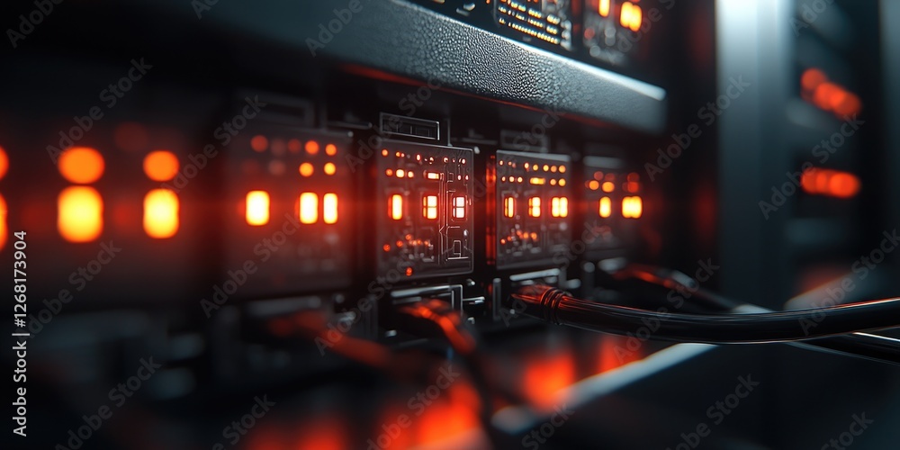 Aufkleber Close-Up View of a High-Tech Server Rack with Illuminated Components and Wiring in Dark Environment Highlighting Modern Data Center Technology