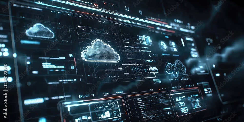 Aufkleber Futuristic Digital Interface with Cloud Computing Elements and Data Visualization Graphics for Technology and Innovation Concepts