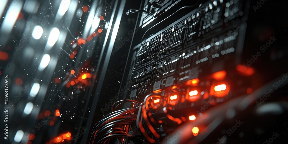 Poster High-Tech Data Center Scene with Rows of Computer Servers and Bright LED Lights in a Dark Environment Illuminated by Complex Wiring and Hardware