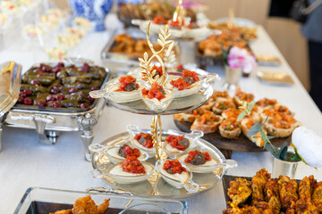 catering buffet with different food snacks and appetizers on table