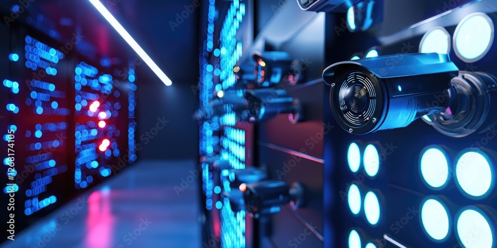 Poster Futuristic Surveillance System with High-Tech Security Cameras in a Digital Environment Featuring Vibrant Blue and Red LED Lights