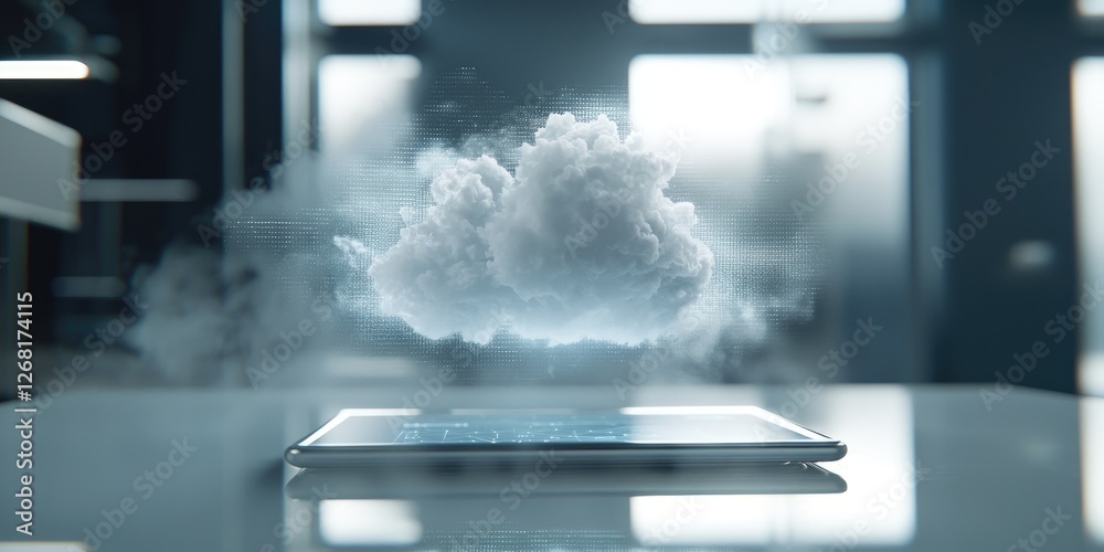 Poster Futuristic tablet displaying digital cloud technology in modern office setting showcasing innovation and connectivity in a sleek environment