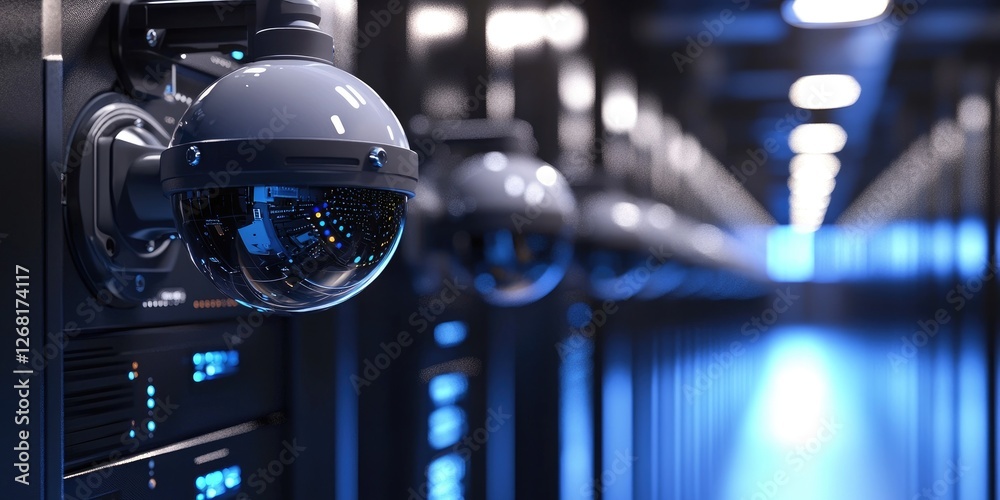 Poster High-tech surveillance camera in modern server room, showcasing data security technology, digital infrastructure, and advanced monitoring systems
