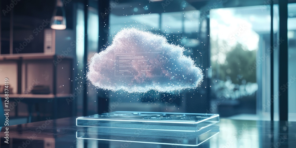 Poster Futuristic Cloud Computing Concept with Holographic Display in Modern Office Environment Showcasing Digital Data Animation and Technology Innovations