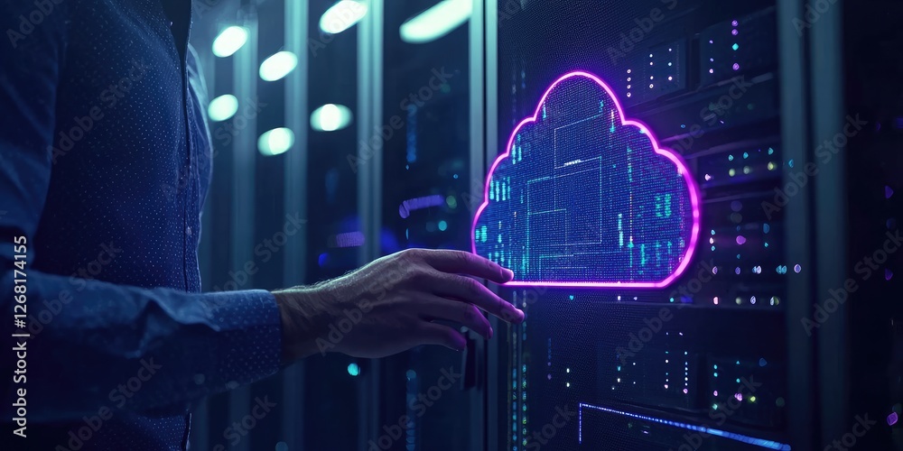 Poster Futuristic Data Server with Bright Cloud Icon Illustrating Cloud Computing Concept and Digital Transformation in Technology Environment