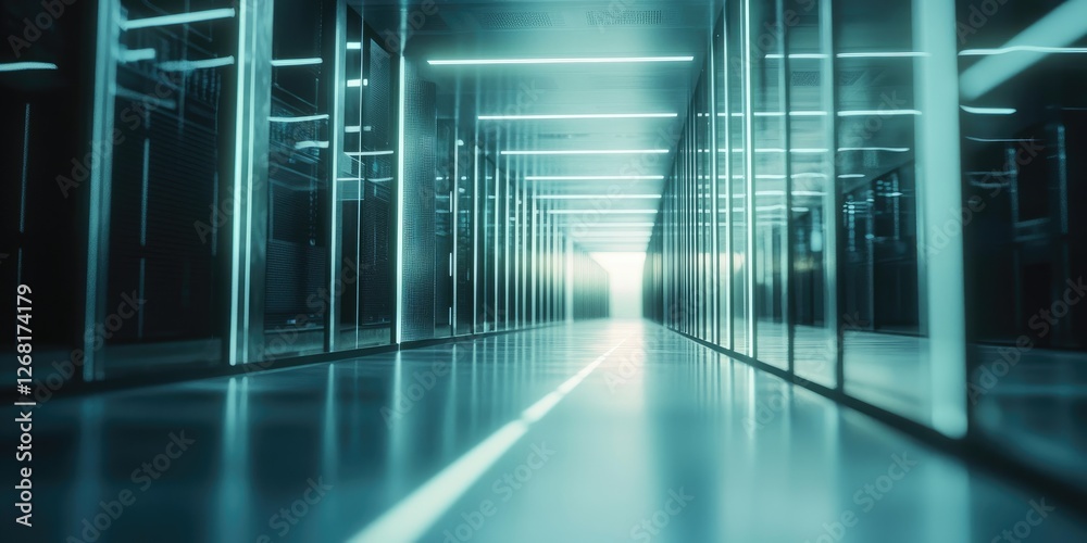 Poster futuristic server room corridor with glowing lights and sleek glass panels creating a high-tech ambi