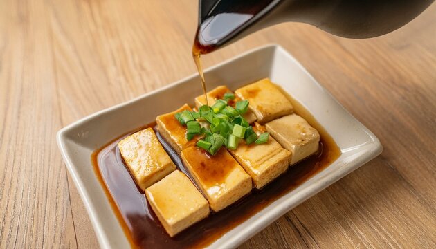 pouring soy sauce on sliced tofu, AI generated image