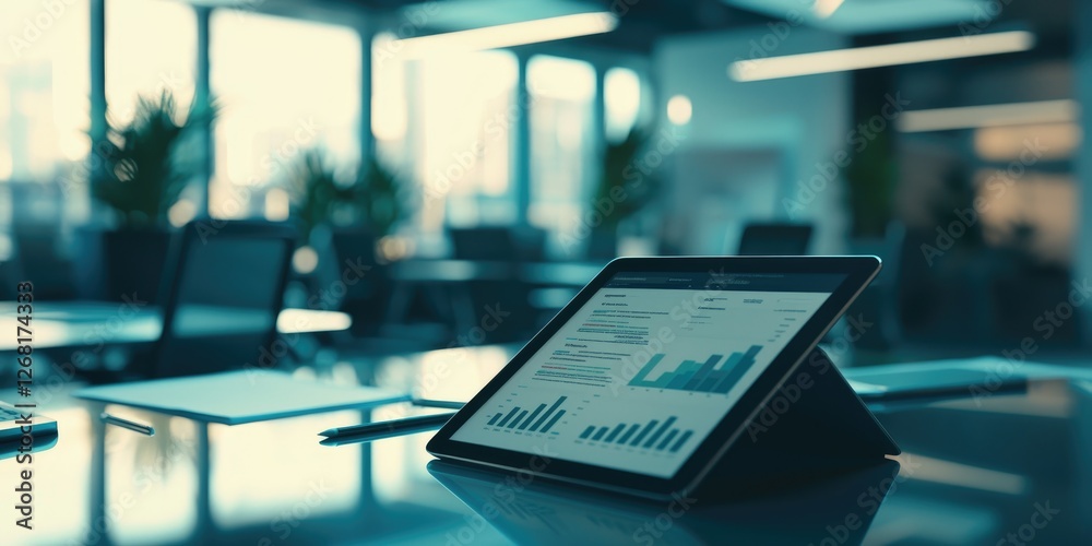 Aufkleber Modern Office Workspace with Tablet Displaying Business Charts and Data Analytics on a Reflective Table Surface in a Bright Environment