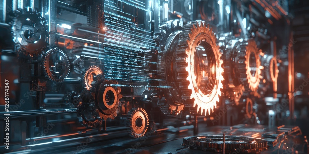 Aufkleber Futuristic Mechanical Gears in High-Tech Environment with Glowing Effects and Digital Elements Representing Innovation and Technology in Engineering Design