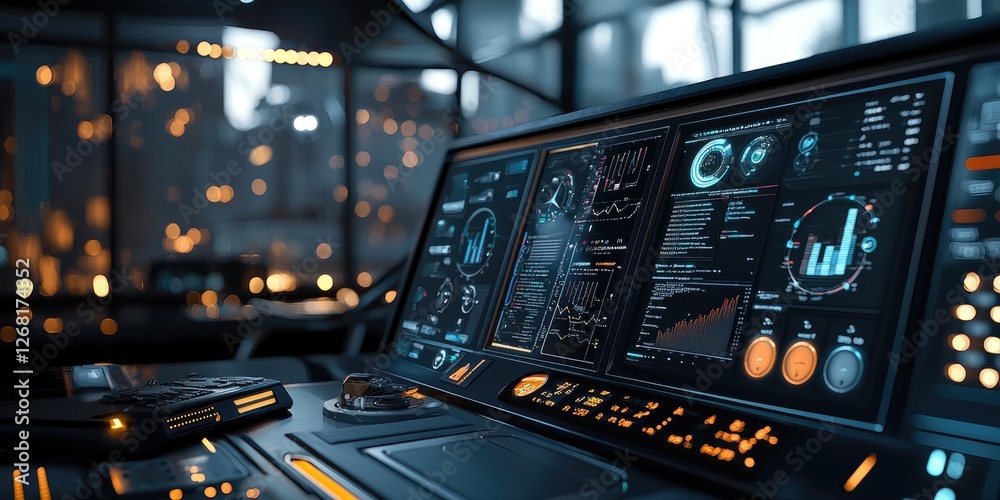 Poster Futuristic Control Panel with Data Visualization and High-Tech Interfaces for Innovative Technology Applications in Modern Workspace