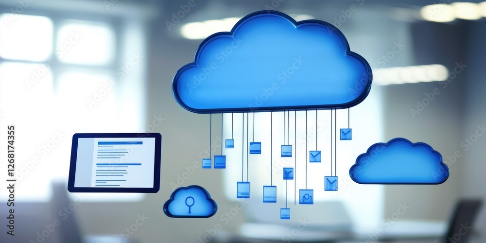 Poster Modern Cloud Computing Concept with Data Storage, Digital Communication, and Technology Integration in a Professional Workspace