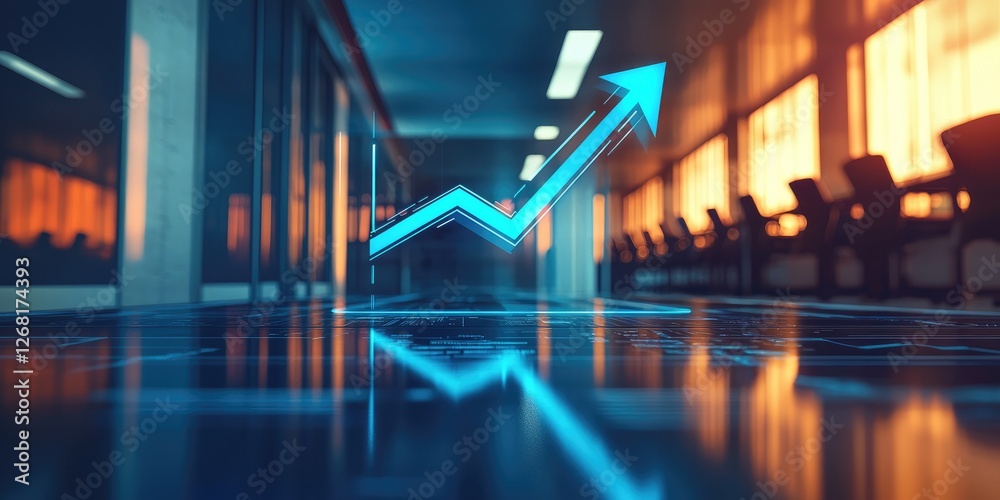 Poster Modern Office with Abstract Graph Arrow Symbolizing Growth and Success during Sunset