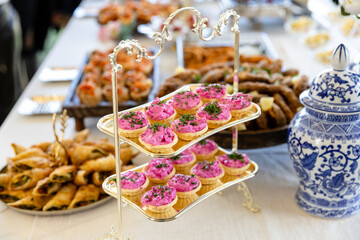 catering buffet with different food snacks and appetizers on table