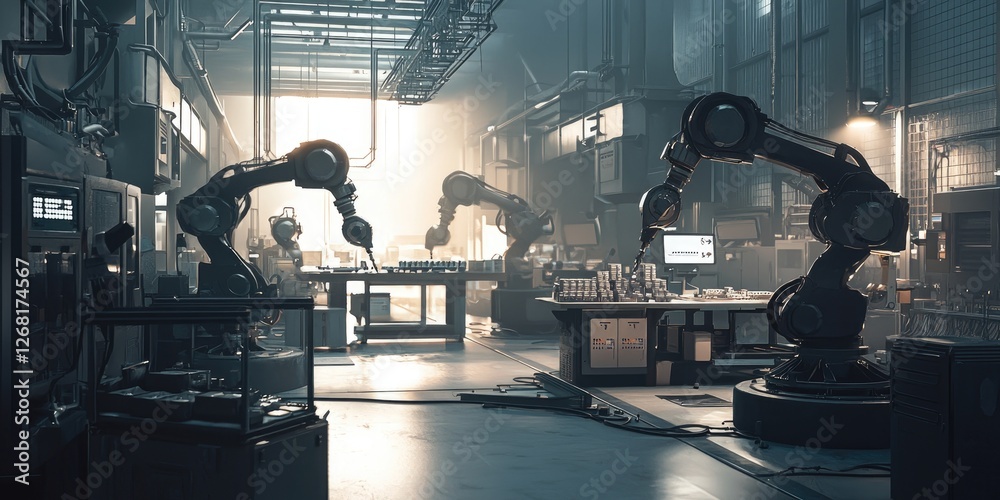Poster Advanced Industrial Robotics in Automation Environment with Multiple Robotic Arms Operating in Modern Factory Setting