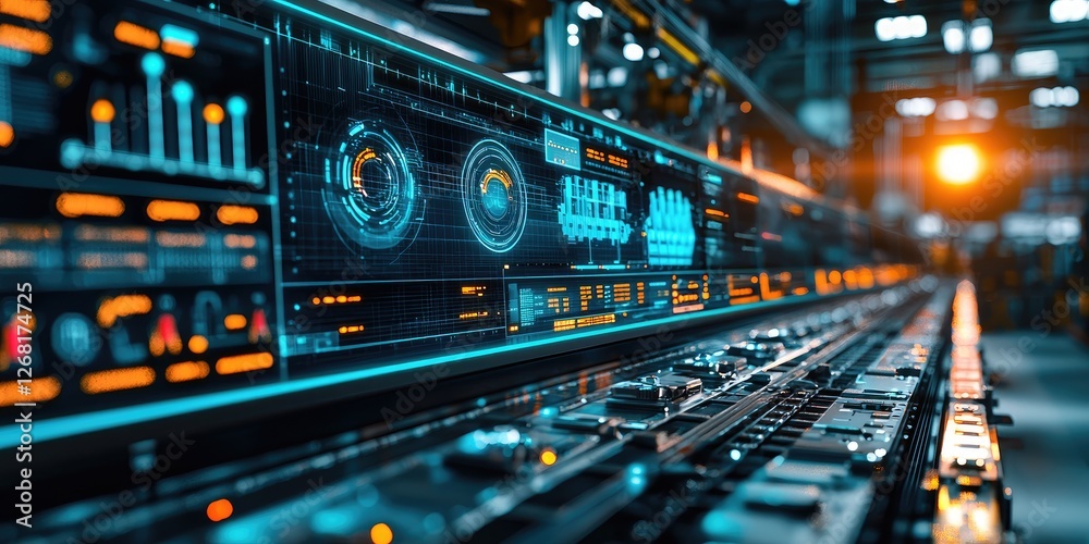 Poster High-Tech Manufacturing Facility with Advanced Control Panels and Data Visualizations Representing Modern Industrial Automation and Process Monitoring