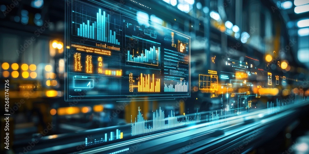 Aufkleber High-Tech Data Visualization and Analytics Interface in a Modern Digital Environment with Glowing Graphs and Charts