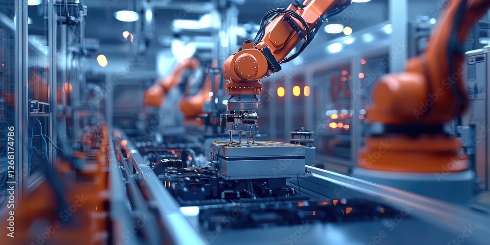 Poster Advanced Industrial Robotics in a High-Tech Manufacturing Facility with Orange Robotic Arms Performing Precision Assembly Processes