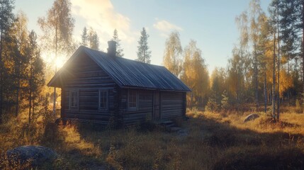 Obraz premium Rustic Log Cabin Sunrise Autumn Forest Scene