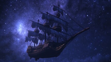 Original oil painting Flying an old pirate ship. Beautiful Sea ship is flying above starry sky - abstract fairy tale, dream. Peter Pan. Illustration. Postcard painting.