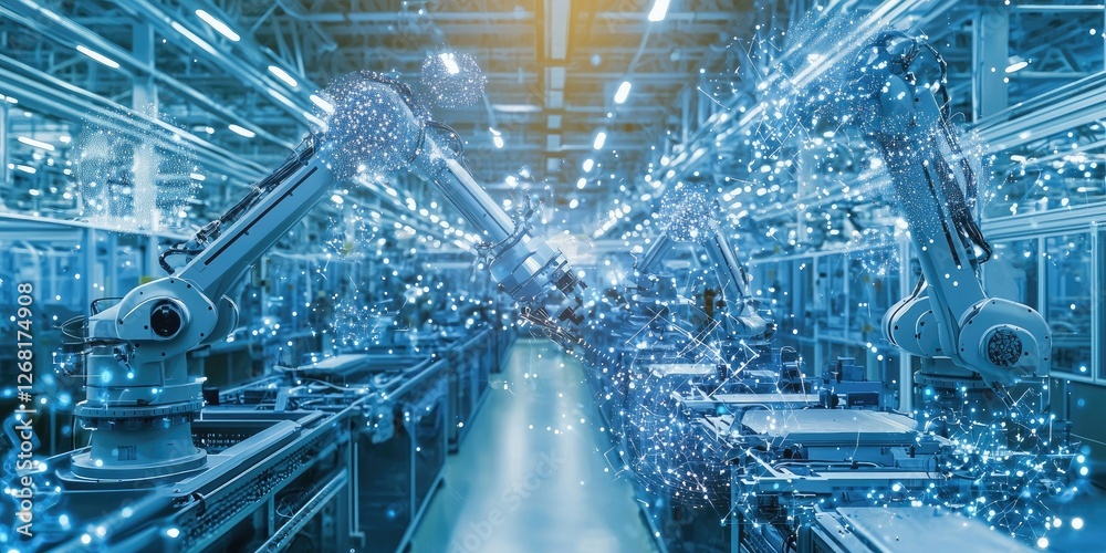 Poster Advanced Robotic Automation in Modern Factory Setting with Futuristic Technology and Interconnected Systems for Enhanced Production Efficiency and Innovation