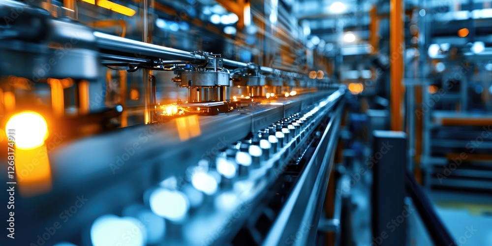 Poster industrial conveyor belt system with automated machinery and motion blur in manufacturing process
