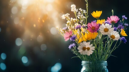 Romantic bouquet of the meadow flowers in a jar on a dark background  in sunlight.  Chamomiles and Cornflower in a jar. Place for text.