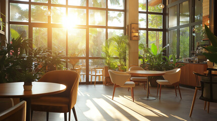 Obraz premium Trendy coffee shop interior showcasing sleek furniture, ambient lighting, and inviting urban décor for relaxation