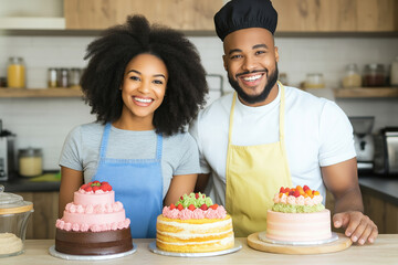 Cheerful bakers showcase their colorful cakes in a bright bakery setting
