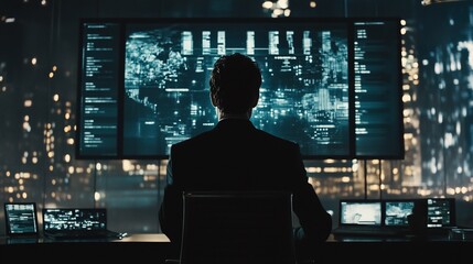 Fototapeta premium Man in suit monitoring global network data on large screens at night.