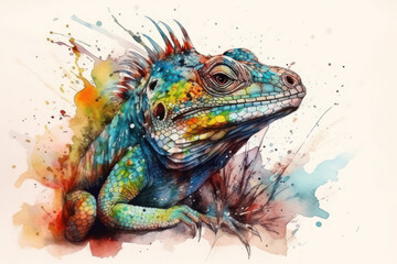 Obraz premium colorful iguana, painted in watercolor style. Its body is covered with bright colors - blue, green, yellow, orange and red. 