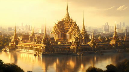 Obraz premium Majestic ruins of bangkok s grand palace stand alone in desolate city. Gilded Ruins. Illustration