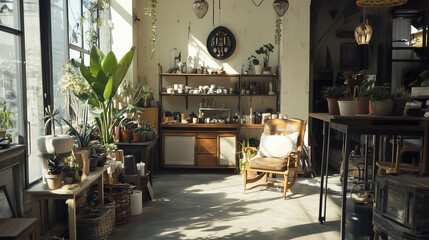 Vintage-inspired iron shop with contrasting soft cream accents, exuding timeless nostalgic charm and artisanal craftsmanship