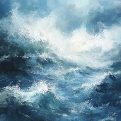 Impasto painting showing an intense ocean wave with white foam