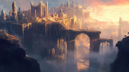 Obraz premium Ruined gilded citadel in dystopian landscape. Gilded Ruins. Illustration