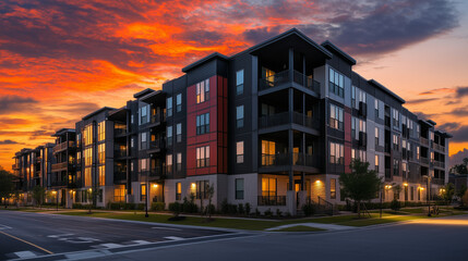 Sleek City Apartment Complex in Black and Crimson for Modern, Urban Living Spaces
