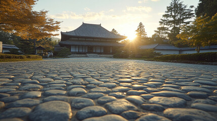 A modern Asian architectural background with a bright, blurred aesthetic. The empty space on the side symbolizes clarity, opportunity, and new beginnings, offering a neutral canvas for creative concep