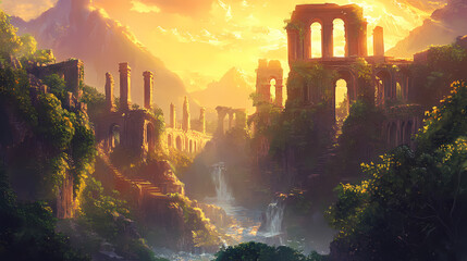 Fototapeta premium Sunset illuminates ancient ruins overgrown with vegetation. Gilded Ruins. Illustration