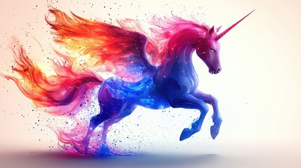 A vibrant, colorful unicorn with fiery mane and magical aura in motion.