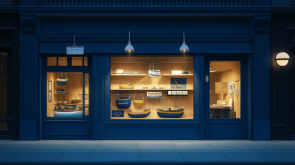 Nautical-themed storefront contrasting marine blue accents with classic maritime design for inviting coastal shopping experiences.