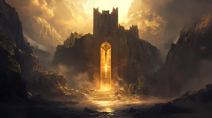 Think big to success , walk to achieve golden key before a mystical mountain door. Gilded Ruins. Illustration