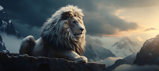 a white lion sitting on a mountain scenic mountain top staring into the distance, ai generative