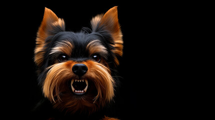 Fototapeta premium A Yorkshire Terrier displays a fierce expression, baring its teeth against a black background, capturing its playful yet intimidating nature - Generative AI