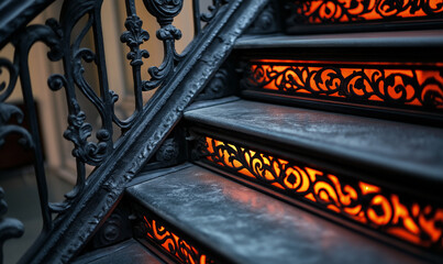 Cast iron stairs illuminated by LED lighting remarkably enhance a historical building&rsquo;s timeless architectural charm