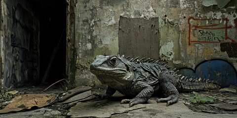 Large reptile sits within a dilapidated urban environment
