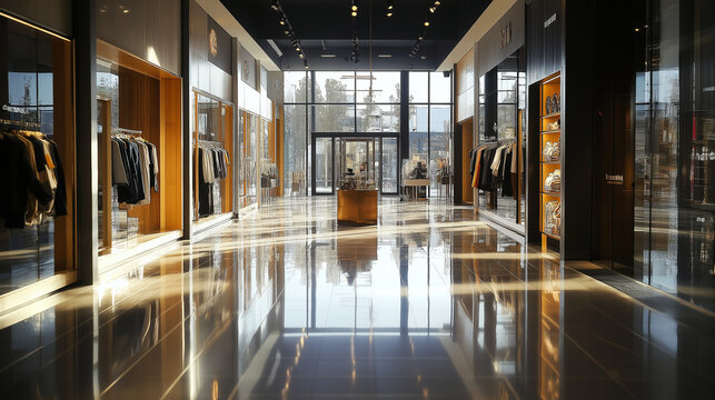 Elegant retail space with glossy floors and chic lighting exudes sophistication and enhances shopping experience