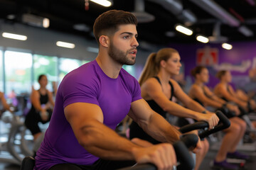 Naklejka premium Fitness enthusiasts engage in cycling workout at a modern gym during evening class