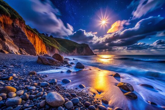 Dramatic Night Photography: Rugged Rocks at Maidencombe Beach, Devon, England