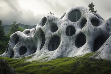 Abstract concrete building featuring organic shapes and circular windows
