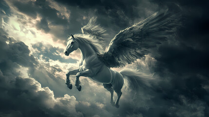 Majestic winged horse soaring through dark storm clouds - epic fantasy stock photo. Stormborne Pegasus. Illustration