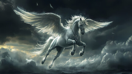 Majestic winged horse soaring through dark storm clouds - epic fantasy stock photo. Stormborne Pegasus. Illustration